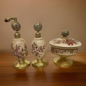 Vintage Satin Glass Vanity Set with Hand Painted Floral Design and Gold Trim